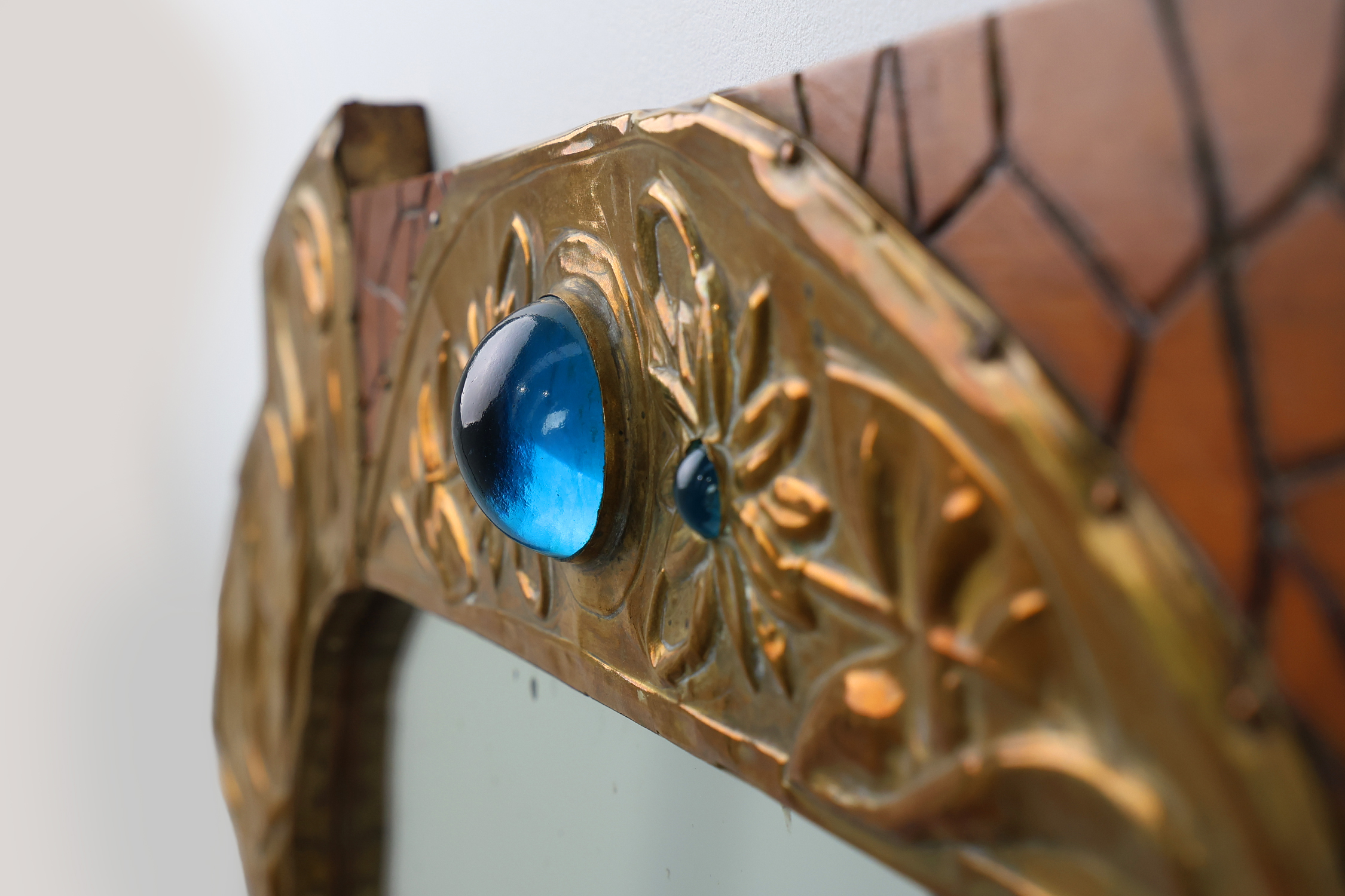 Art Nouveau Mirror in Brass and Glass Inlay, Signed A.H. Villaket, France ca. 1910thumbnail